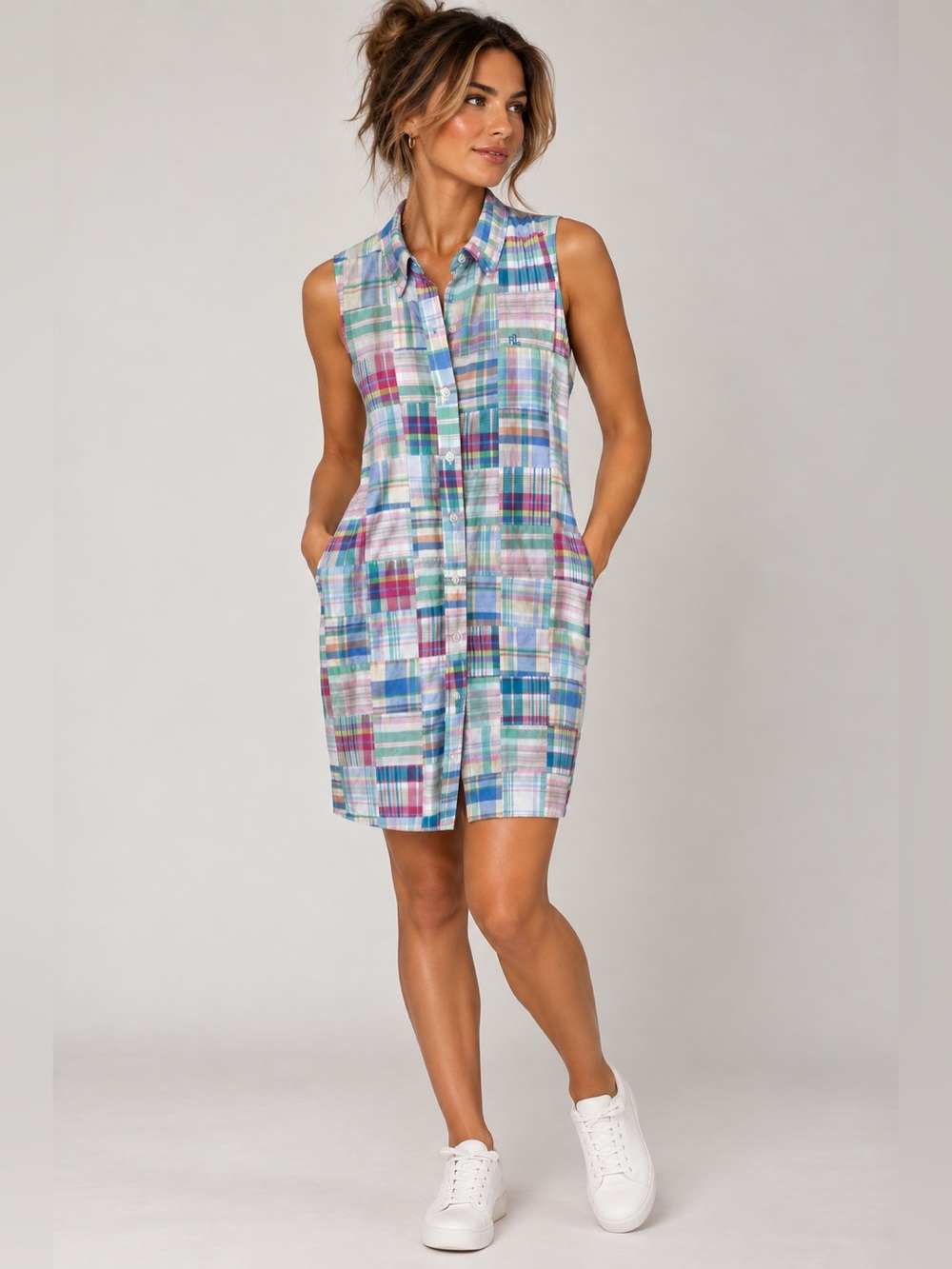 Lauren Ralph Lauren Pastel Plaid Sleeveless Button Front Dress Size Medium